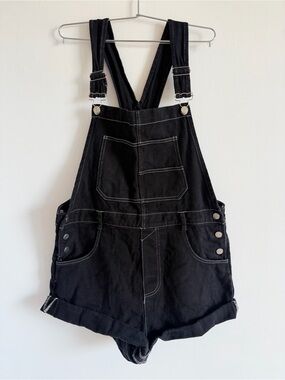 Black Denim Short Overalls with Contrast Stitching